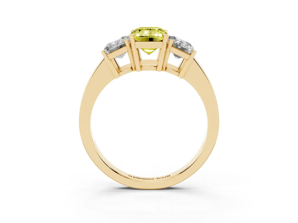Fancy Yellow Three-Stone Emerald Cut Cut Diamond Engagement Ring with Flat Band and Four-Prong Setting Yellow gold
