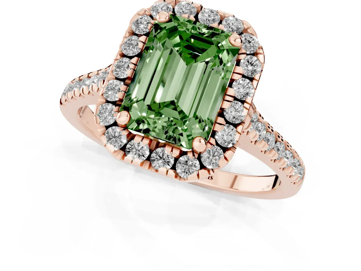 Fancy Green Emerald Cut Diamond Cushion Halo Ring with Pavé Band Rose gold