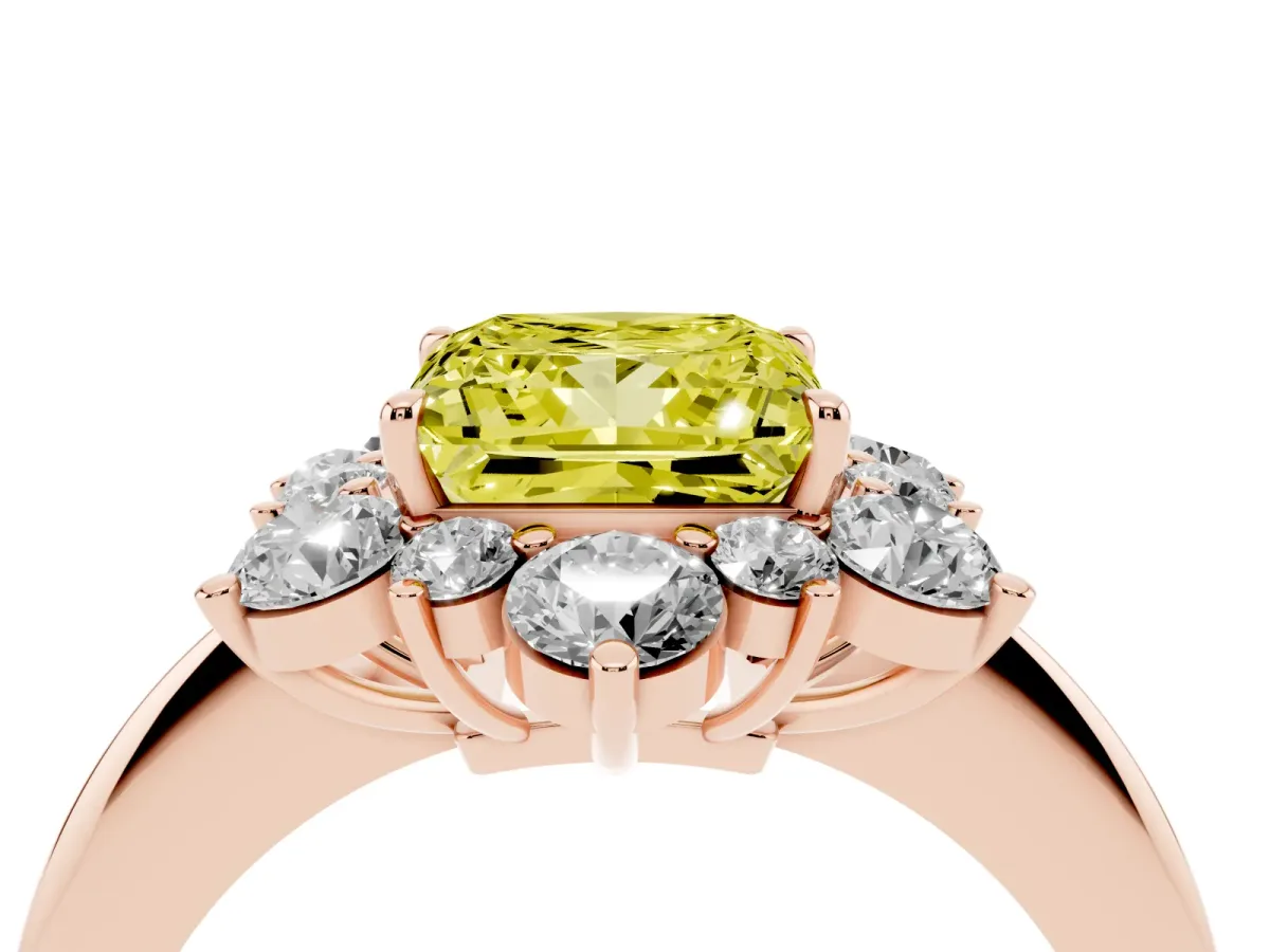 Fancy Yellow Princess Cut Diamond Cluster Halo Ring with Solitaire Band and Four-Prong Setting Rose gold