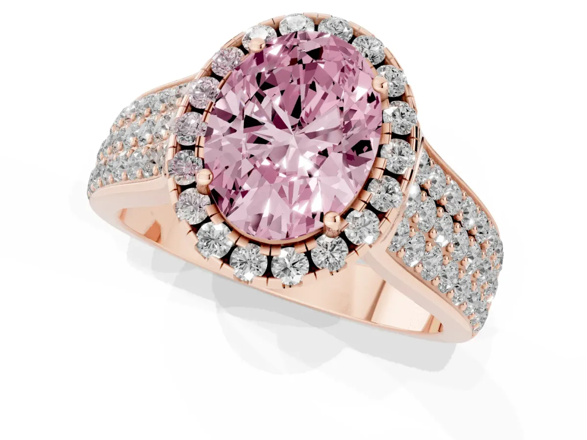 Fancy Pink Oval Cut Halo Round Diamond Pave Band with Prong Setting Rose gold