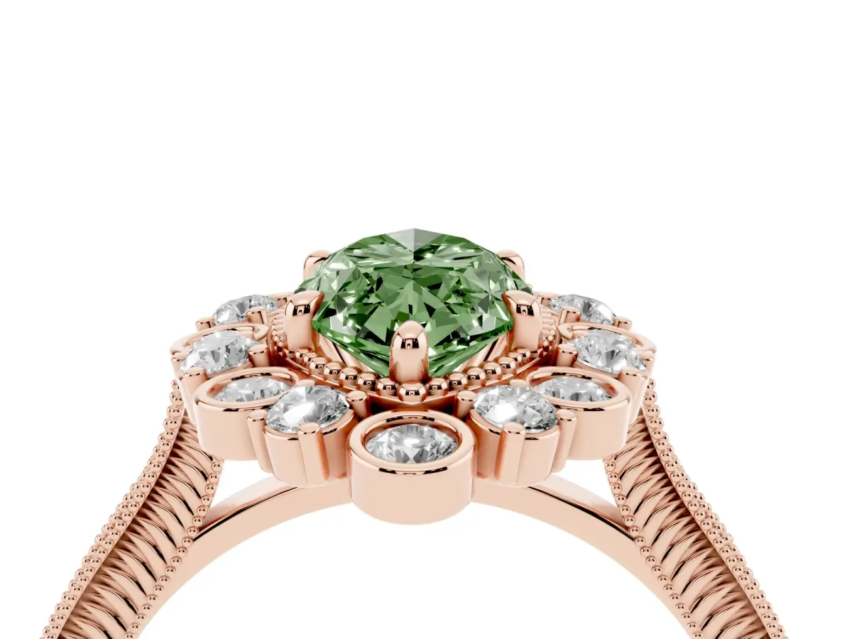 Fancy Green Marquise Cut Halo Milgrain Pave Diamond Ring with Four-Prong Setting Rose gold