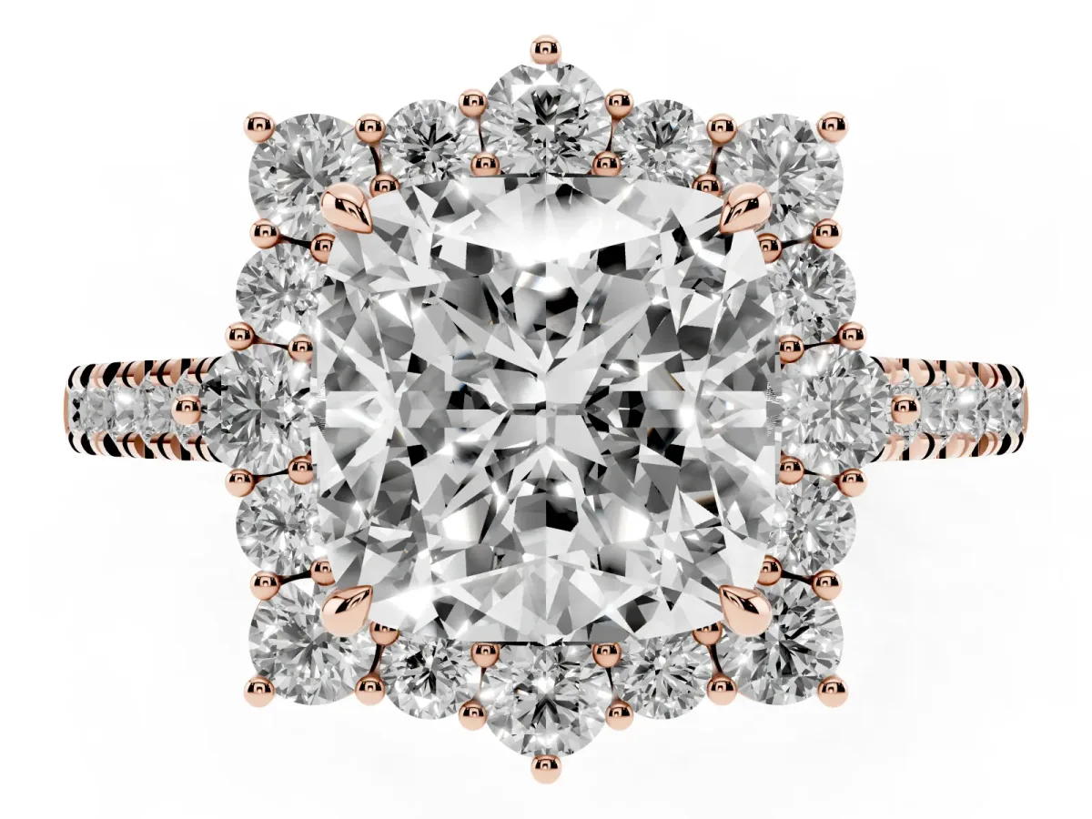 Cushion Cut Halo Diamond Ring with Pavé Band and Prong Setting Rose gold