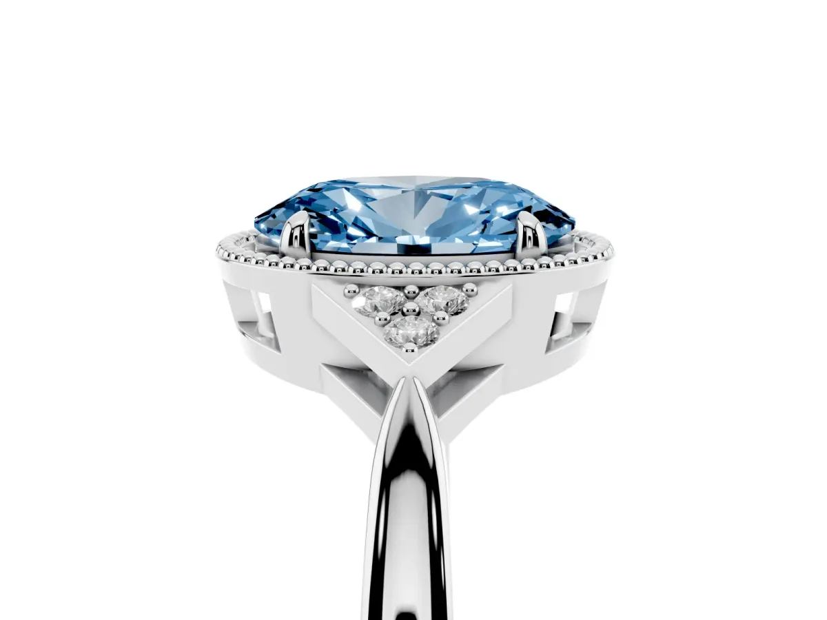 Fancy Blue Hexagonal Halo Oval Cut Diamond Solitaire with Pavé Band and Four-Prong Setting Silver