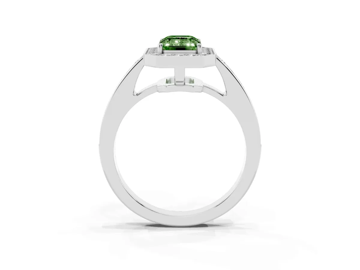 Fancy Green Emerald Cut Halo Pavé Diamond Engagement Ring with Bezel Setting Silver