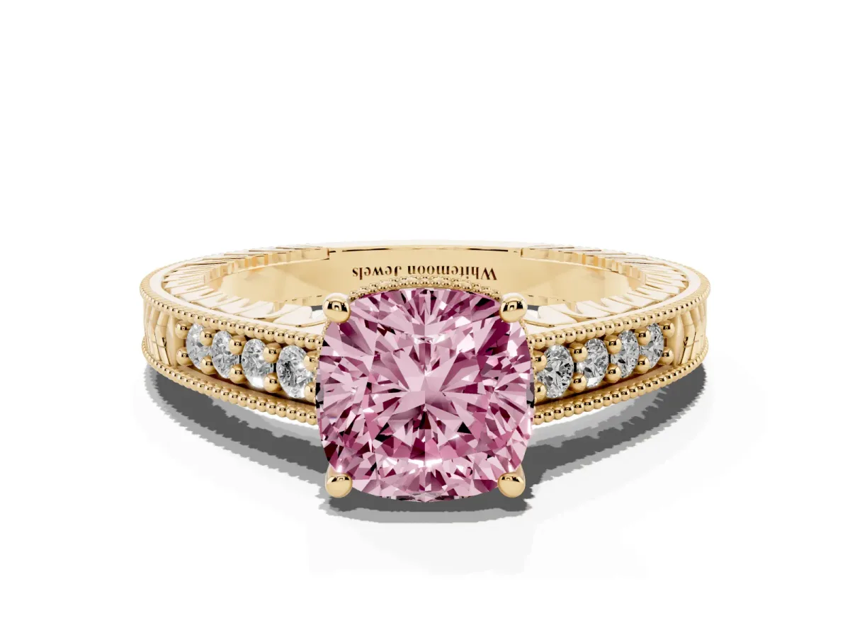 Fancy Pink Cushion Cut Solitaire Pavé Diamond Milgrain Engagement Ring with Four-Prong Setting Yellow gold