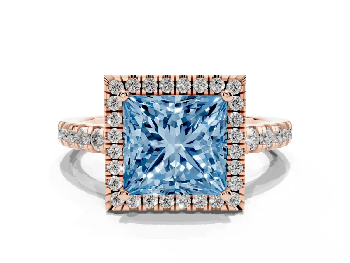Fancy Blue Princess Cut Diamond Halo Ring with Pavé Band and Four-Prong Setting Rose gold