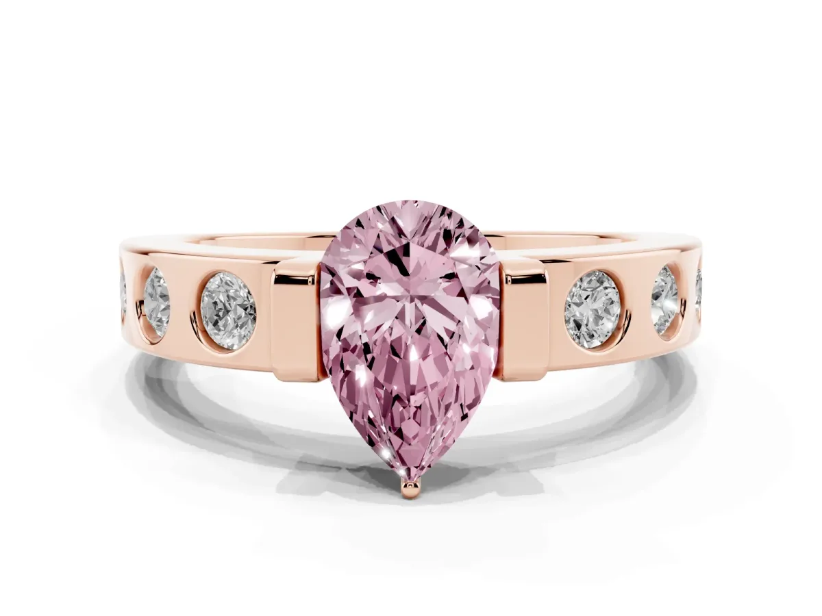 Fancy Pink Pear Cut Brilliant Channel-Set Diamond Ring with Bezel Prong Setting Rose gold