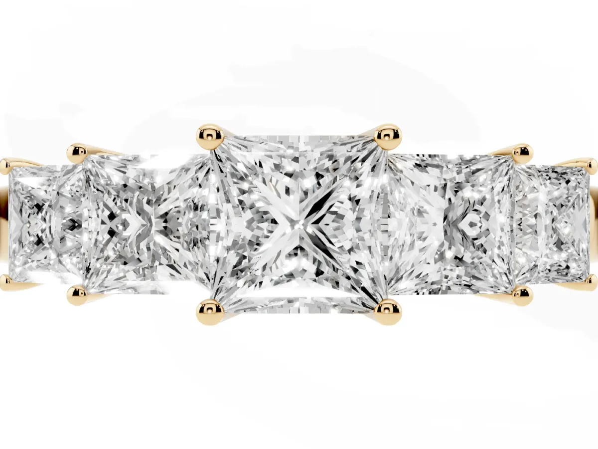 Princess Cut Five-Stone Diamond Ring with Classic Prong Setting Yellow gold