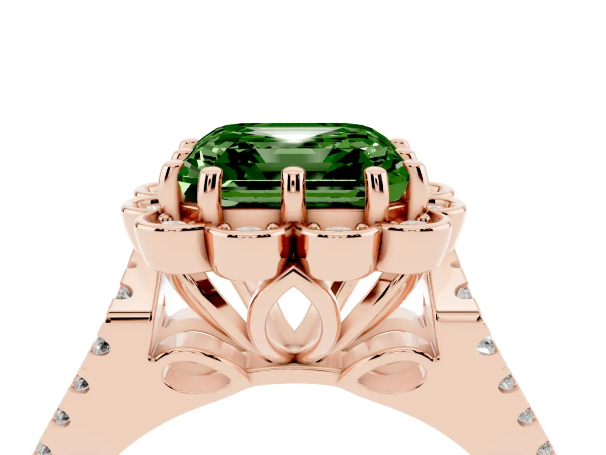 Fancy Green Asscher Cut Halo Diamond Floral Split Shank Engagement Ring Rose gold