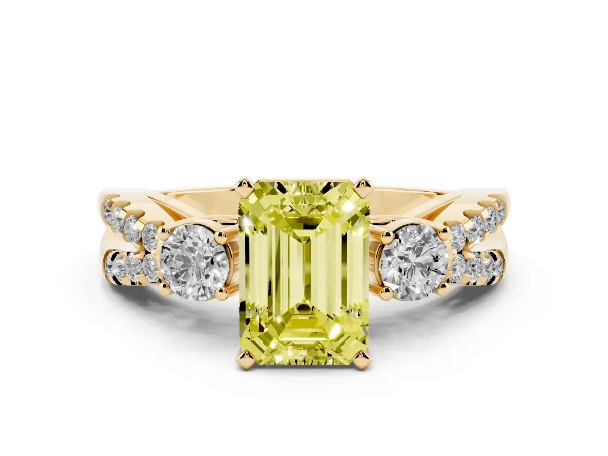 Fancy Yellow Emerald Cut Diamond Three-Stone Ring with Pavé Split Shank and Four-Prong Setting Yellow gold