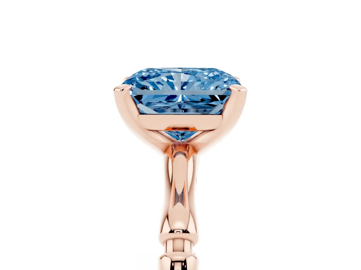 Fancy Blue Radiant Cut Solitaire Diamond Ring with Bamboo Band and Four-Prong Setting Rose gold