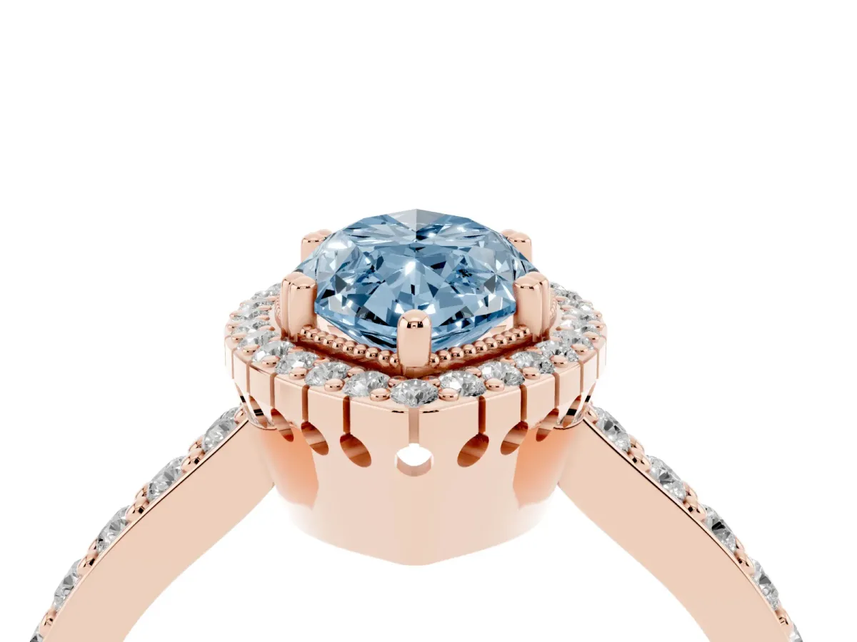 Fancy Blue Marquise Cut Cut Diamond Halo Engagement Ring with Milgrain Detail and Pavé Band Rose gold