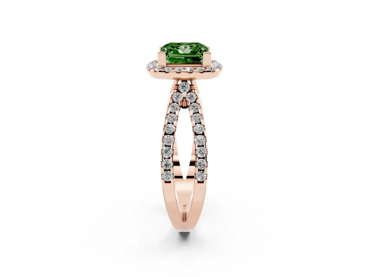 Fancy Green Princess Cut Diamond Halo Ring with Split Shank Pavé Band and Prong Setting Rose gold