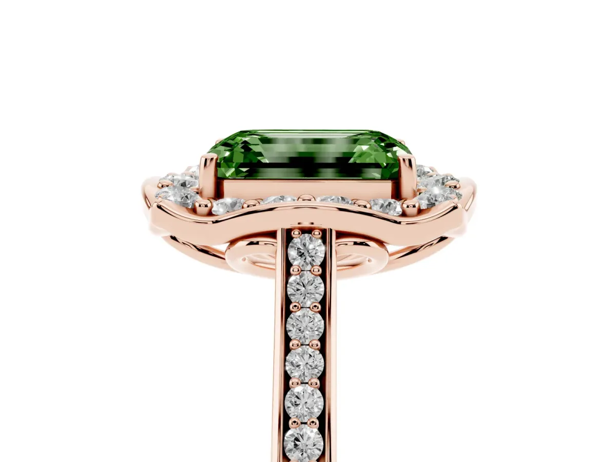 Fancy Green Emerald Cut Halo Round Diamond Pave Band with Four-Prong Setting Rose gold