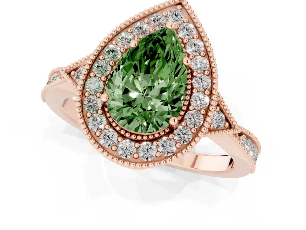 Fancy Green Pear Cut Halo Round Diamond Milgrain Pave Engagement Ring Rose gold
