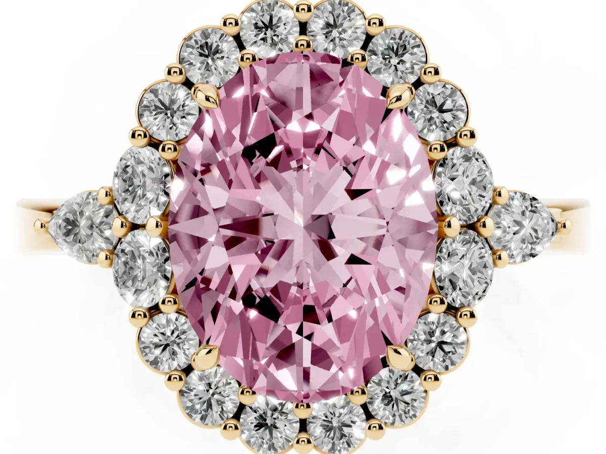 Fancy Pink Oval Cut Diamond Halo Ring with Pear Side Stones and Prong Setting Yellow gold