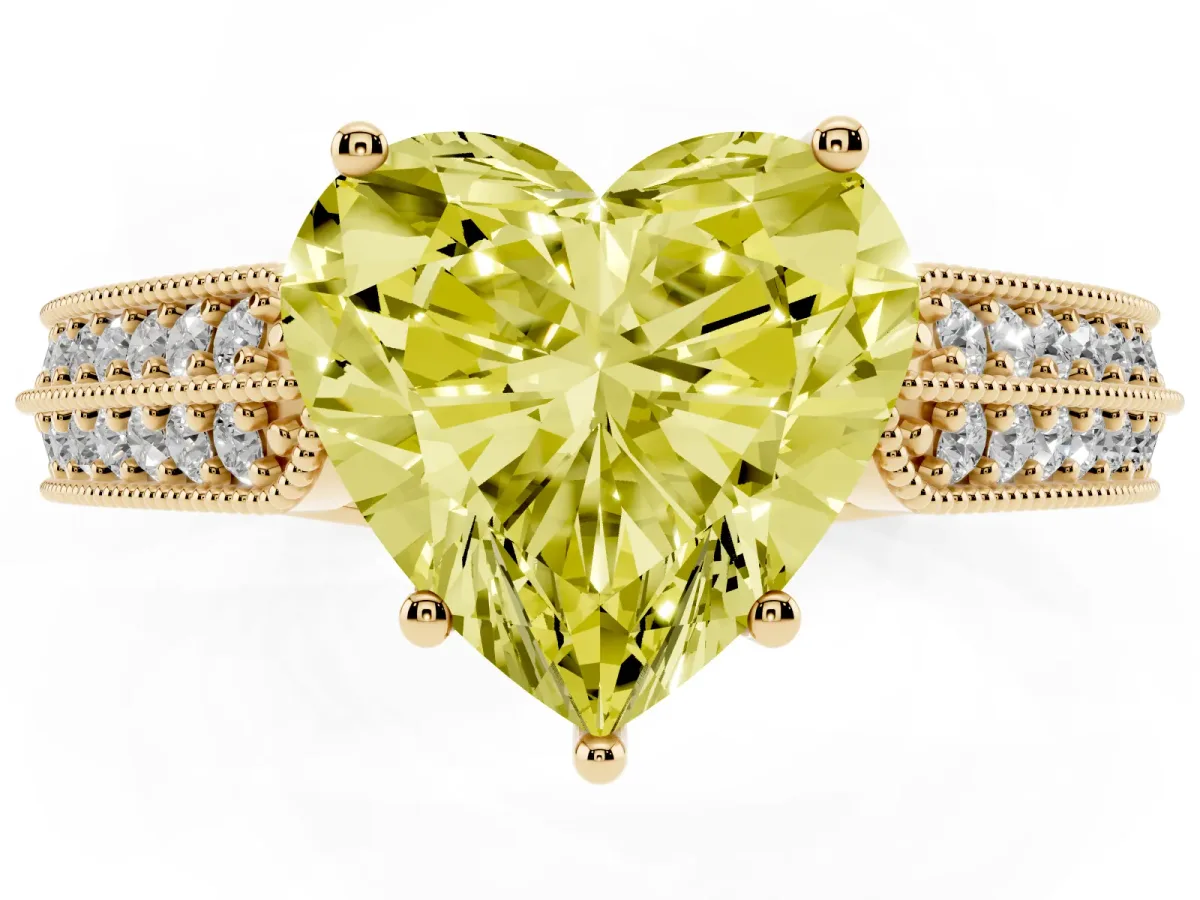 Fancy Yellow Heart Cut Cut Pave Split Shank Engagement Ring with Four-Prong Setting Yellow gold