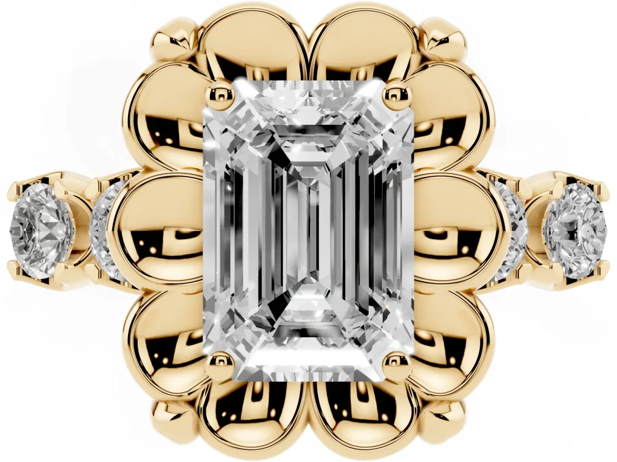Emerald Cut Cut Diamond Floral Halo Engagement Ring with Shared Prong Setting Yellow gold