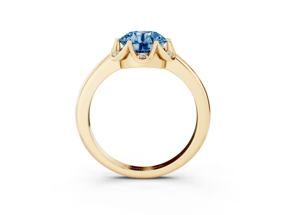 Fancy Blue Round Cut Halo Diamond Ring with Round Cluster Setting, Solitaire Band, and Four-Prong Setting Yellow gold