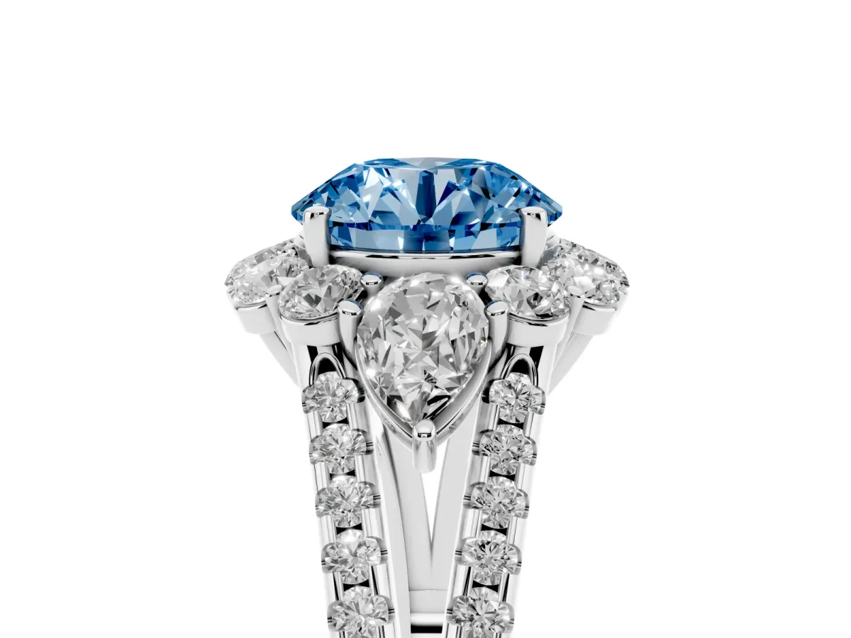 Fancy Blue Round Cut Halo Split Shank Diamond Engagement Ring with Prong Setting White gold