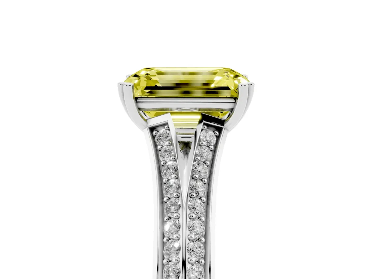 Fancy Yellow Emerald Cut Diamond Split Shank Engagement Ring with Pavé Band Silver