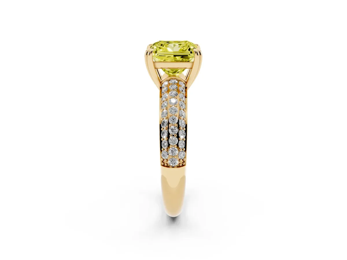 Fancy Yellow Princess Cut Diamond Solitaire Ring with Multi-Row Round Pavé Band and Prong Setting Yellow gold