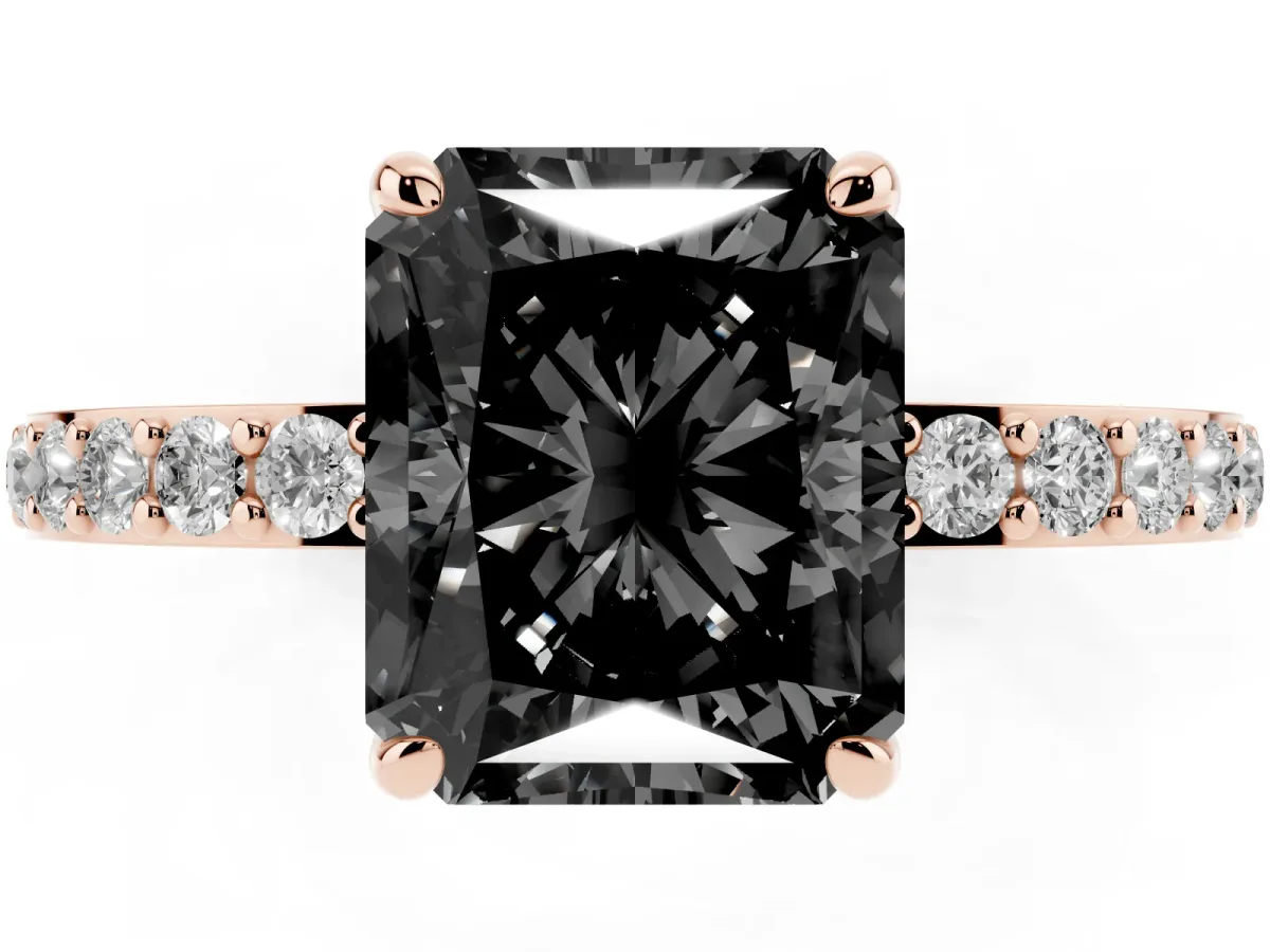Fancy Black Radiant Cut Diamond Pavé Engagement Ring with Round Accents and Prong Setting Rose gold