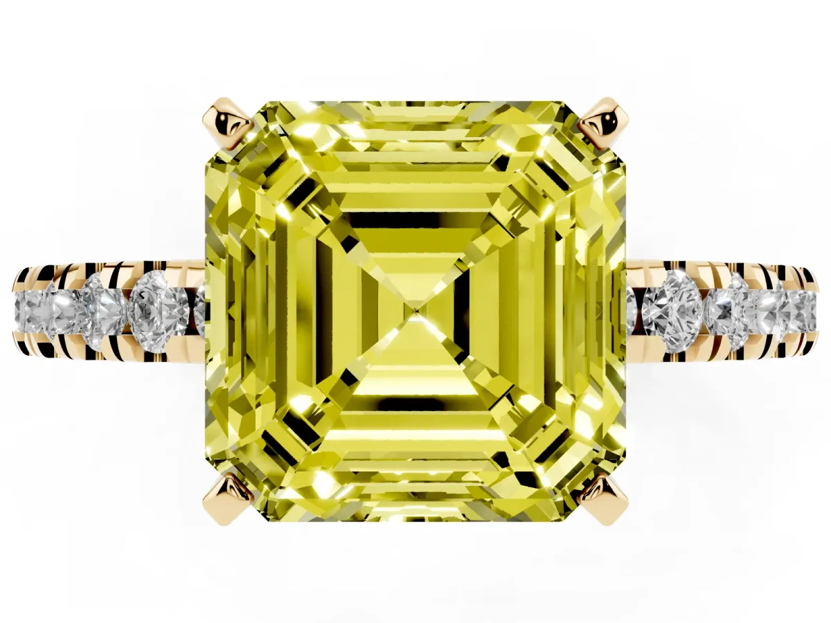 Fancy Yellow Asscher Cut Solitaire Diamond with Pavé Band and Four-Prong Setting Yellow gold