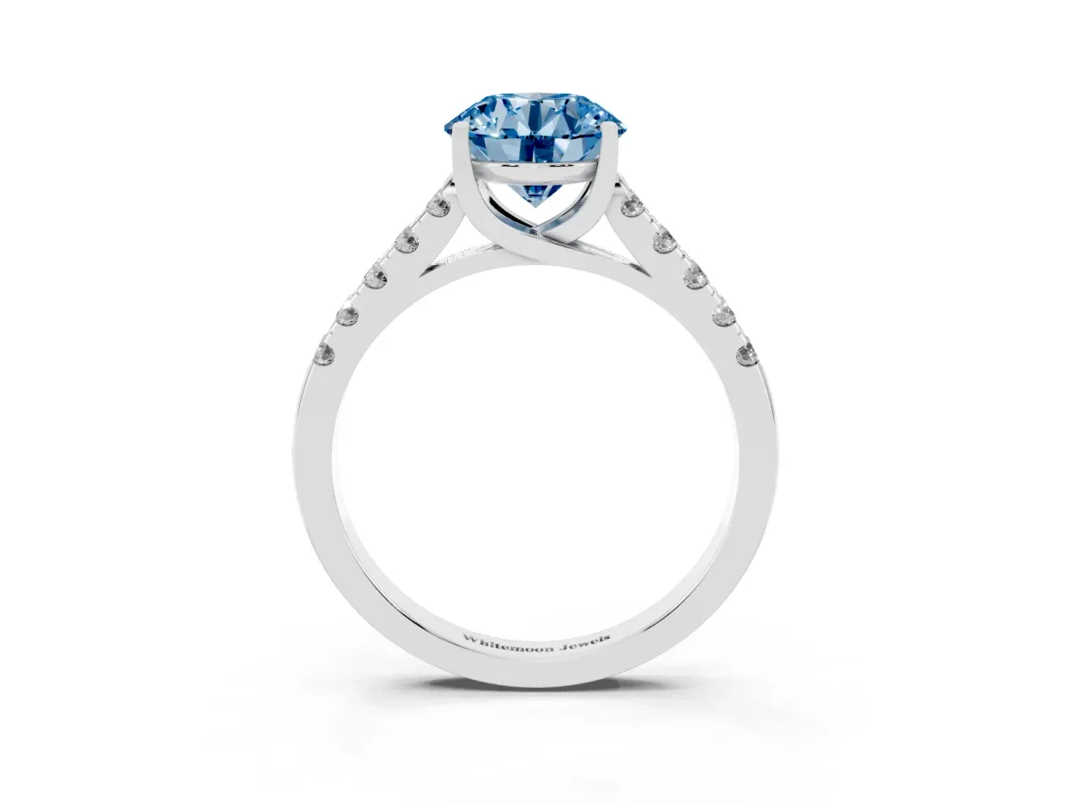 Fancy Blue Round Cut Diamond Pavé Band Solitaire Ring with Prong Setting Platinum