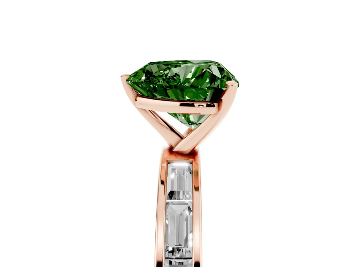 Fancy Green Heart Cut Solitaire Diamond Ring with Channel-Set Baguette Band and Four-Prong Setting Rose gold