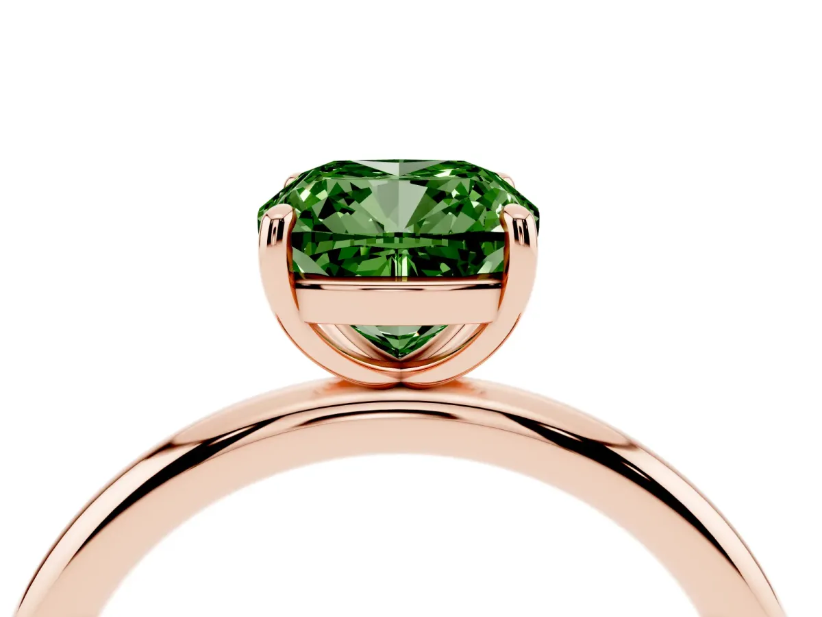 Fancy Green Cushion Cut Solitaire Diamond Ring with Four-Prong Setting on a Plain Band Rose gold