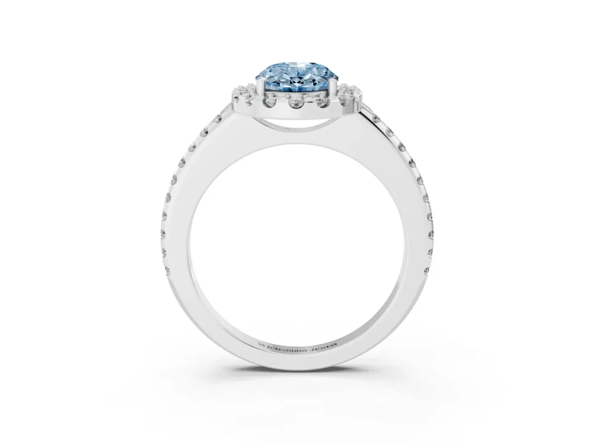 Fancy Blue Oval Cut Diamond Pavé Halo Ring with Four-Prong Setting Silver