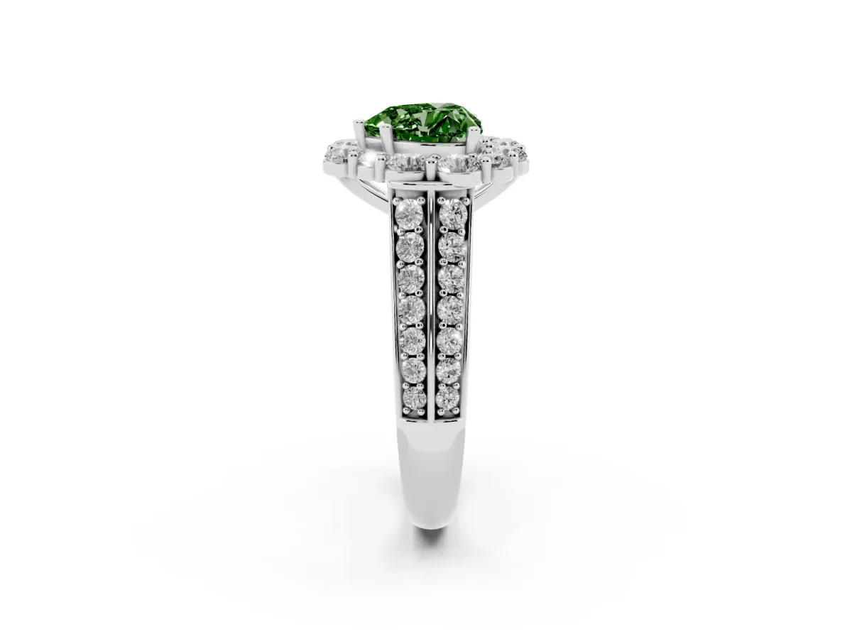 Fancy Green Heart Cut Halo Diamond Engagement Ring with Split Shank and Prong Setting White gold