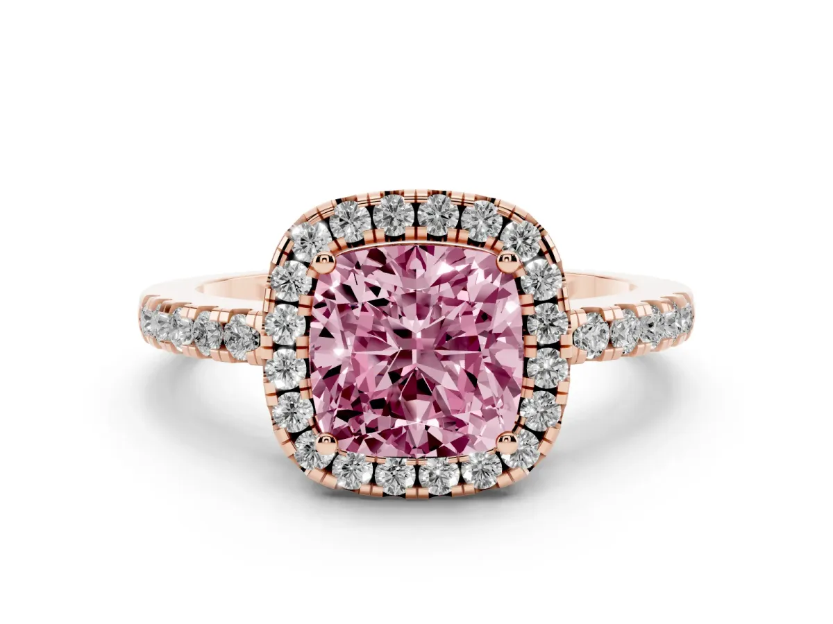 Fancy Pink Cushion Cut Halo Diamond Engagement Ring with Pavé Band and Four-Prong Setting Rose gold
