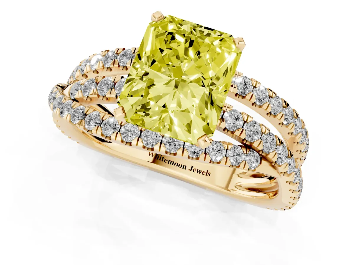 Fancy Yellow Radiant Cut Solitaire Twist Band with Pavé Setting and Four-Prong Setting Yellow gold