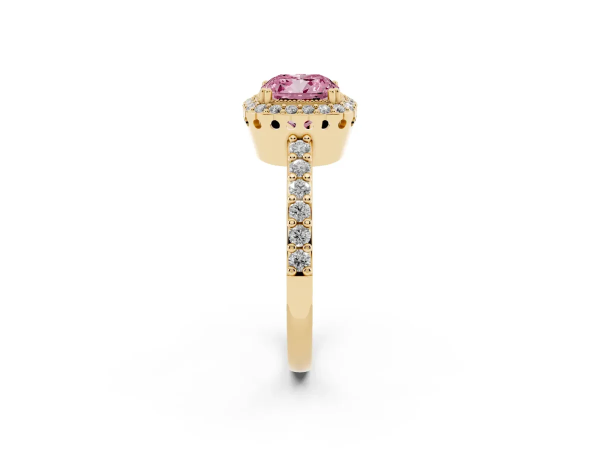 Fancy Pink Cushion Cut Cut Diamond Halo Engagement Ring with Milgrain Detail and Pavé Band Yellow gold