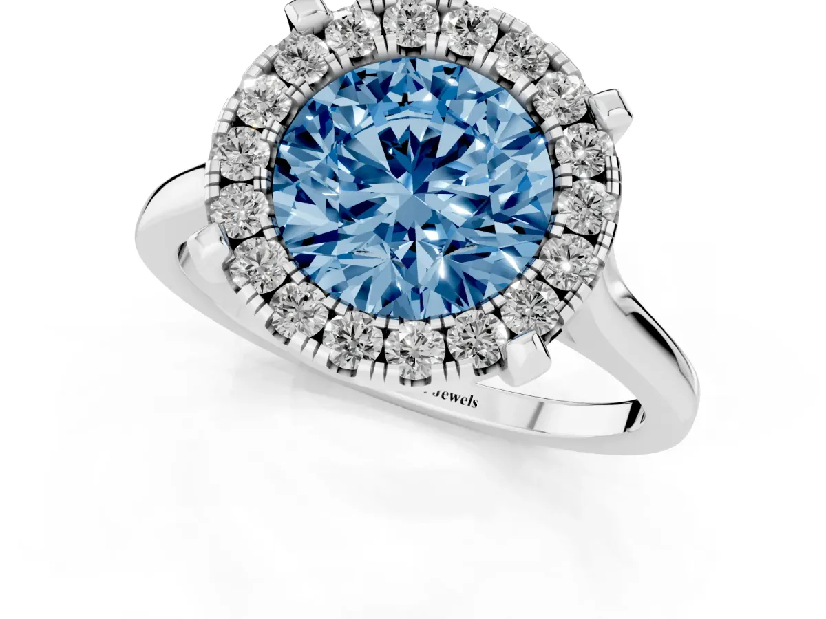 Fancy Blue Round Cut Diamond Cluster Halo Solitaire with Four-Prong Setting Platinum