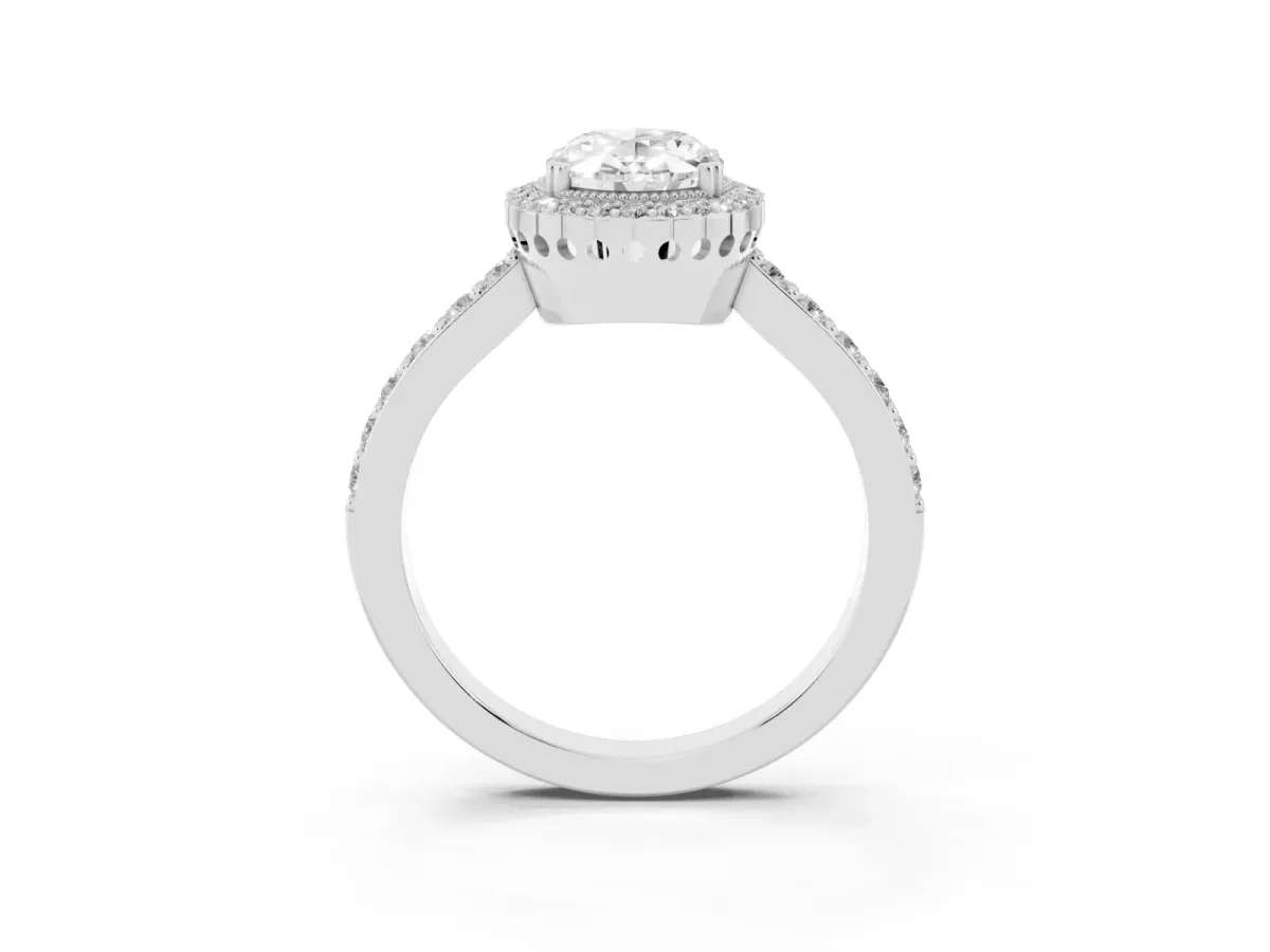 Oval Cut Cut Diamond Halo Engagement Ring with Milgrain Detail and Pavé Band White gold