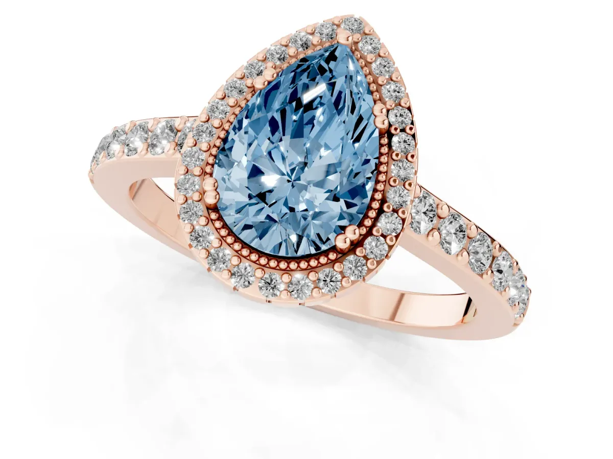 Fancy Blue Pear Cut Cut Diamond Halo Engagement Ring with Milgrain Detail and Pavé Band Rose gold