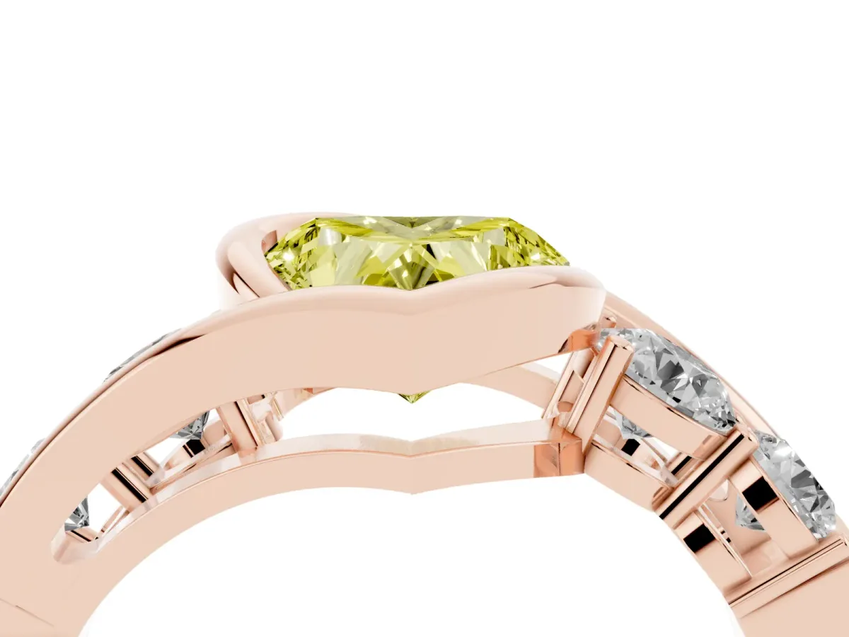 Fancy Yellow Bezel Set Heart Cut Diamond Bypass Ring with Round Accents Rose gold
