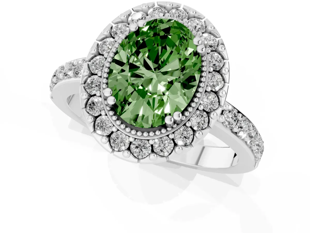Fancy Green Oval Cut Diamond Halo Ring with Pavé Band and Prong Setting Silver