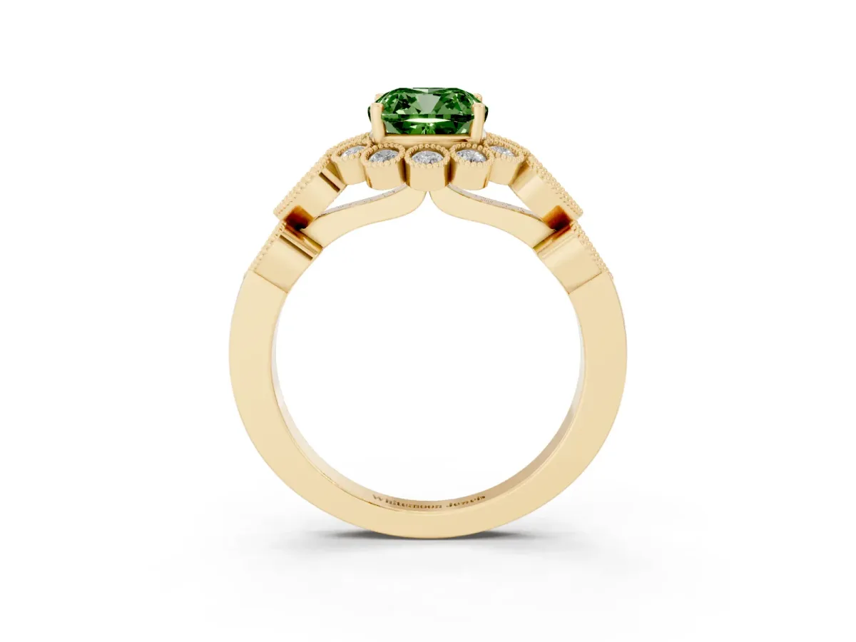 Fancy Green Cushion Cut Brilliant Milgrain Pave Heart Band Solitaire Ring Yellow gold