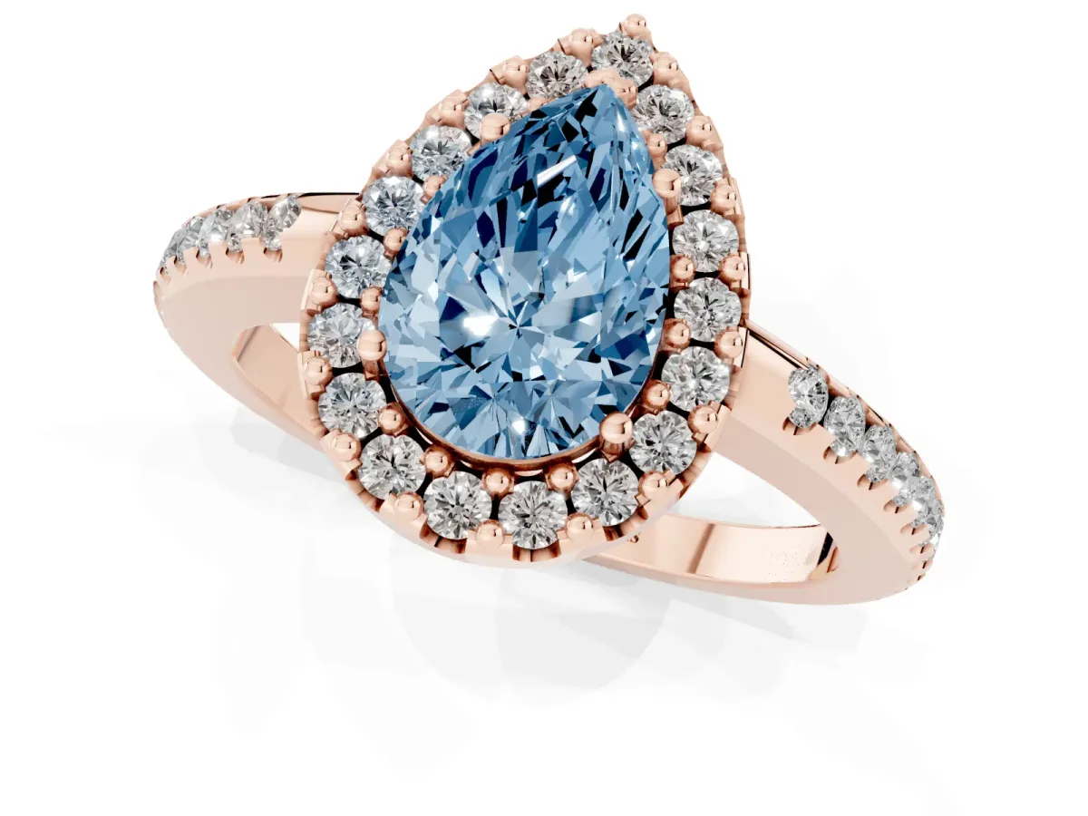 Fancy Blue Pear Cut Diamond Pavé Halo Ring with Four-Prong Setting Rose gold