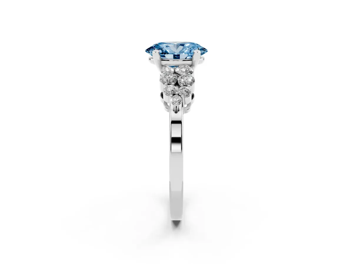 Fancy Blue Oval Cut Cluster Diamond Engagement Ring with Pavé Band and Four-Prong Setting Silver