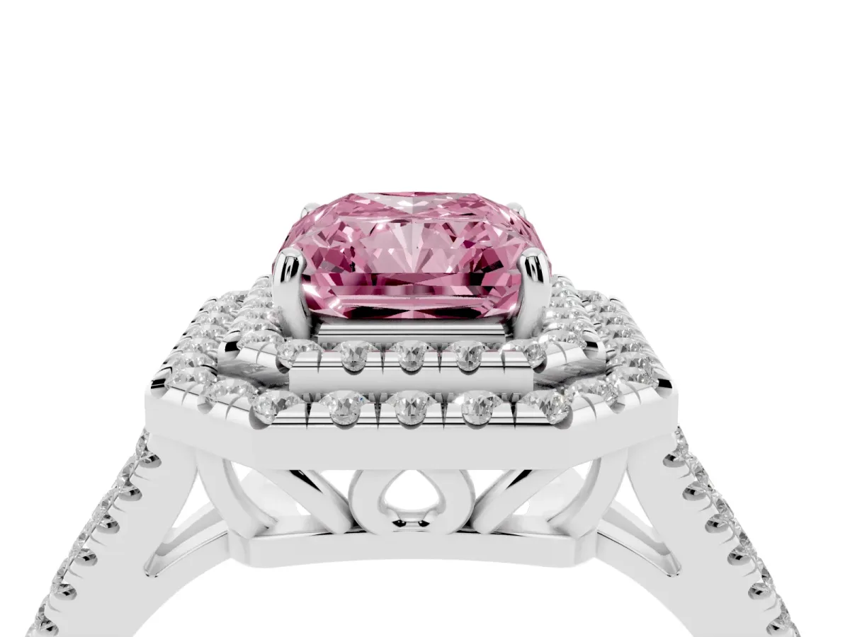 Fancy Pink Radiant Cut Diamond Double Halo Ring with Pavé Band and Prong Setting Silver