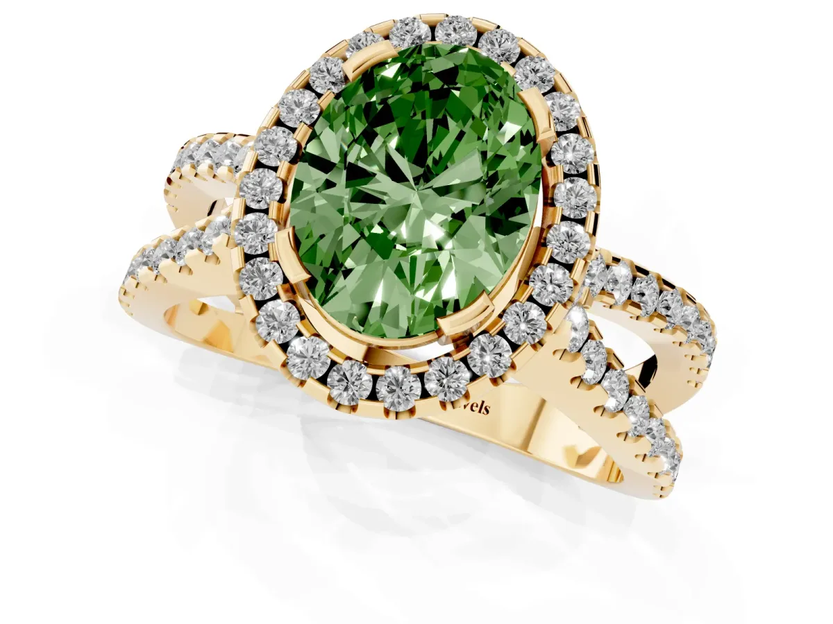 Fancy Green Oval Cut Diamond Halo Ring with Split Shank Pavé Band and Prong Setting Yellow gold
