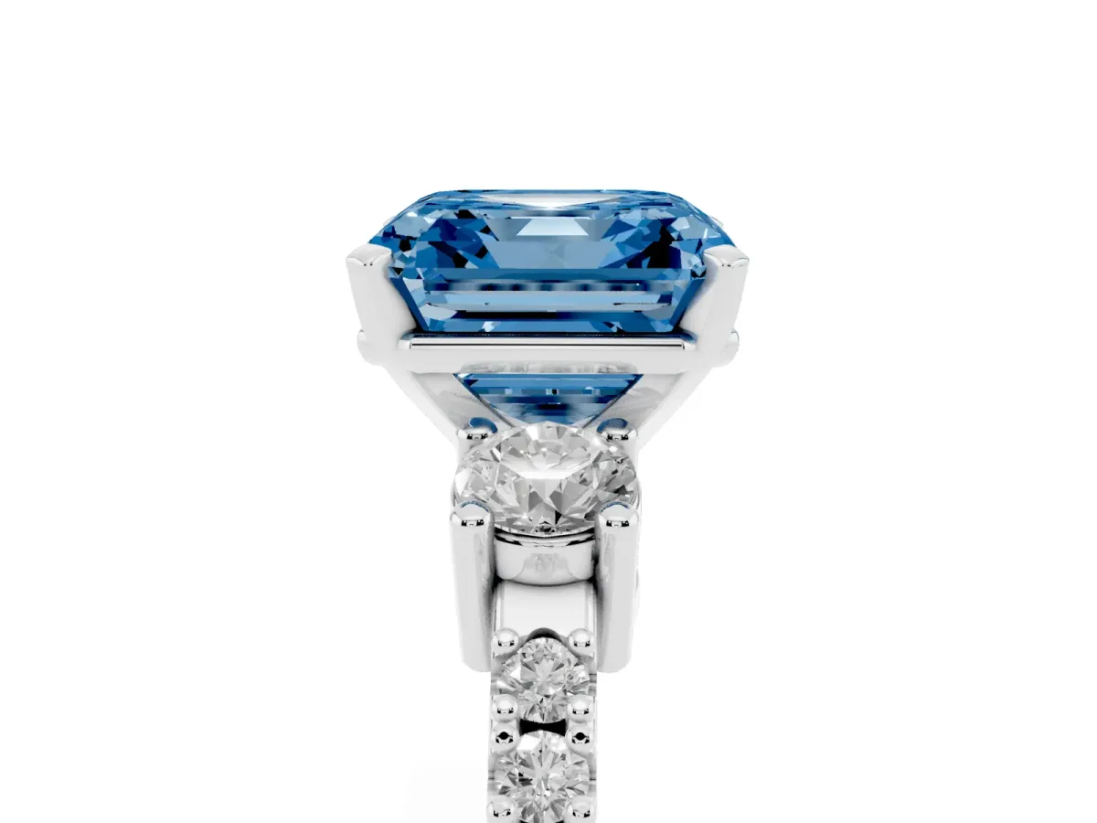 Fancy Blue Asscher Cut Three-Stone Diamond Pavé Band with Prong Setting Silver