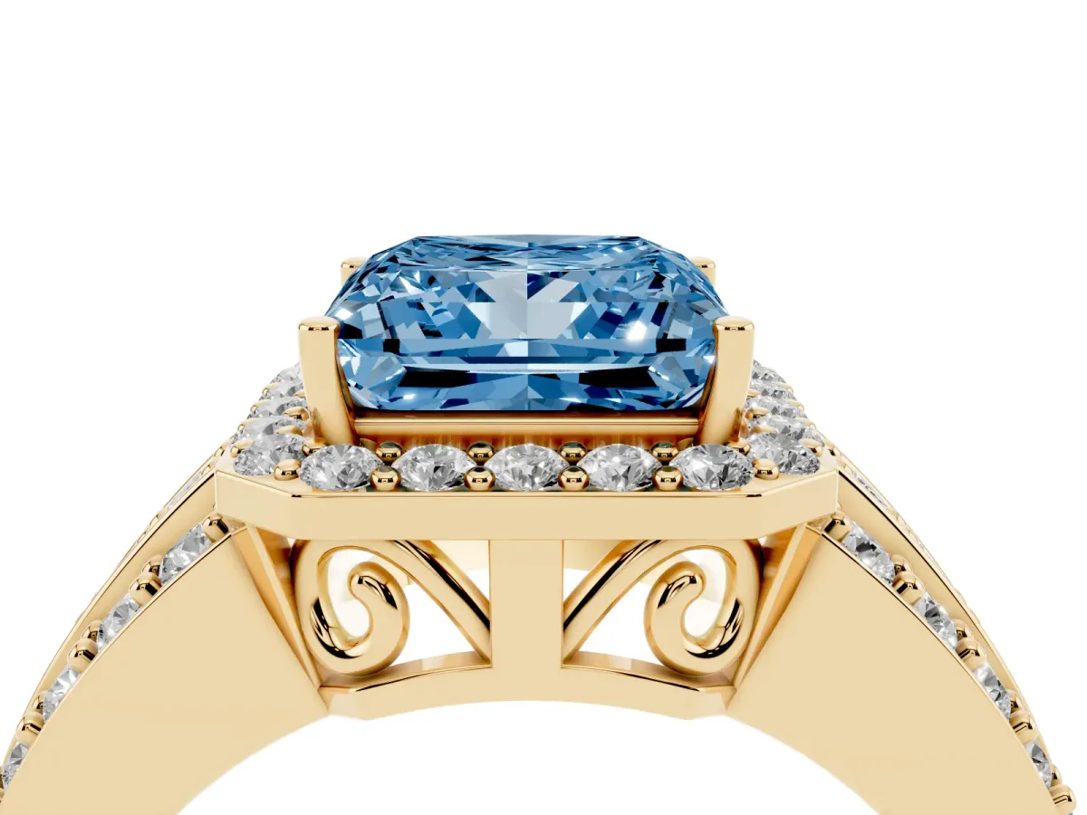 Fancy Blue Princess Cut Halo Diamond Ring with Round Split Shank and Prong Setting Yellow gold