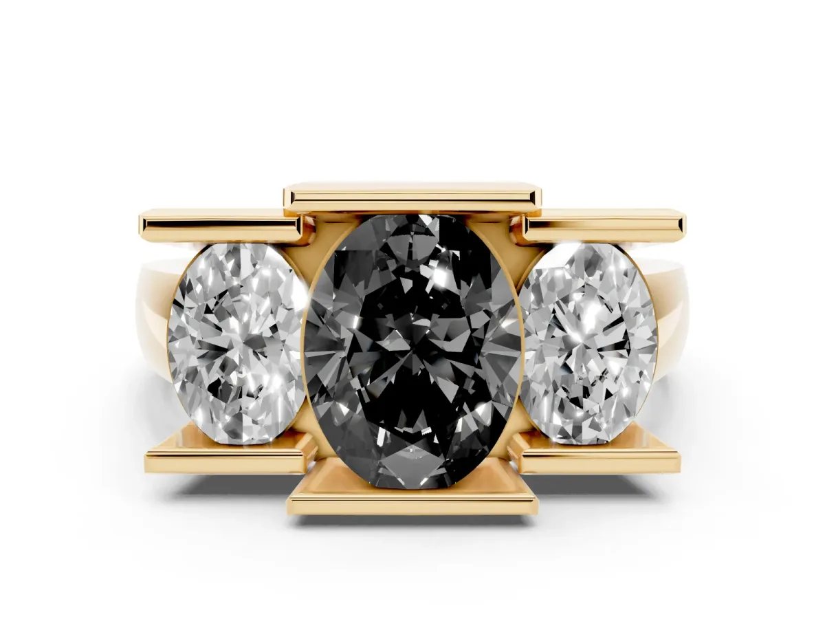 Fancy Black Three Stone Oval Cut Cut Channel Set Diamond Ring Yellow gold