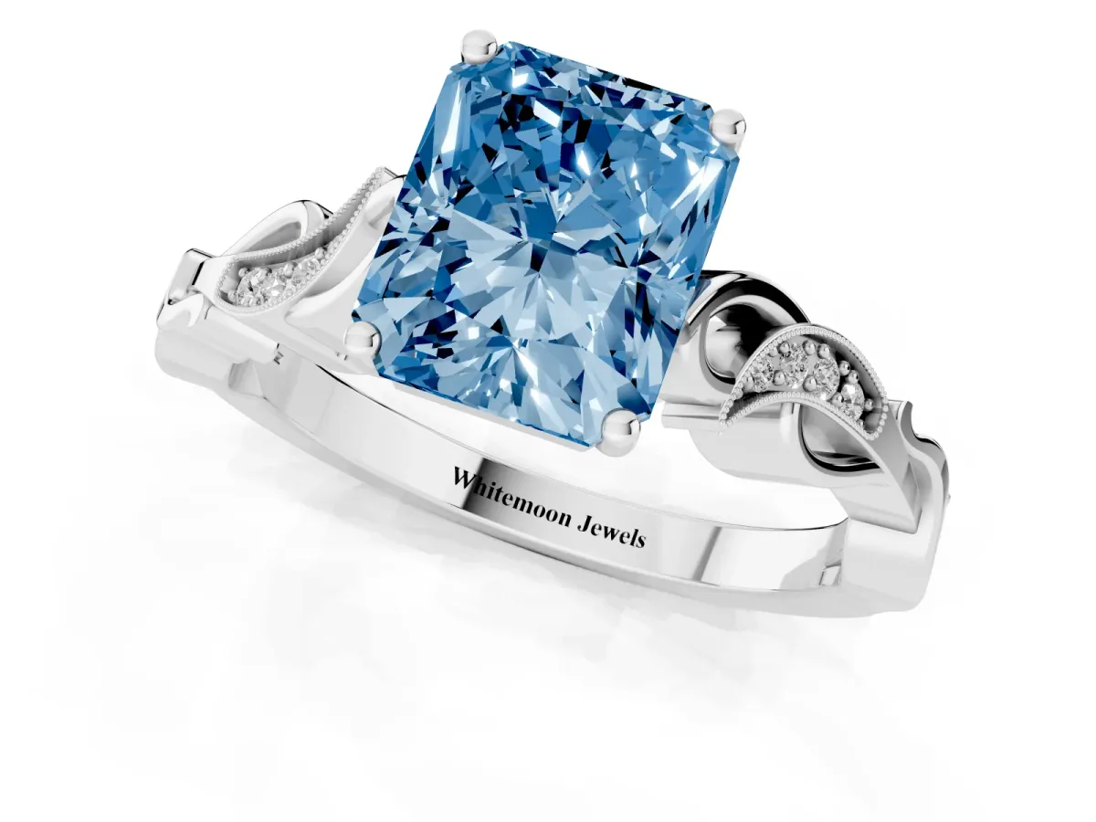 Fancy Blue Radiant Cut Solitaire Vine Band with Milgrain Prong Setting Platinum